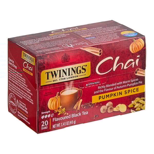A red Twinings box of Pumpkin Spice Chai Tea bags.