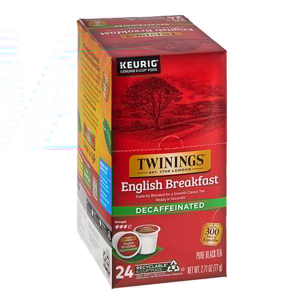 A box of 12 Twinings English Breakfast decaffeinated tea K-Cup pods.
