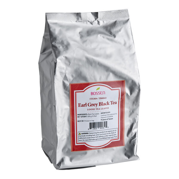 A silver bag of Bossen Earl Grey Black Loose Leaf Tea weighing 1.3 pounds (600 grams).