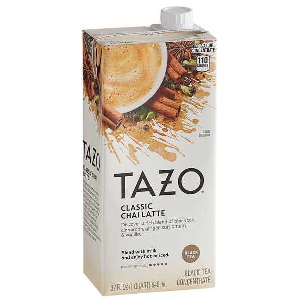 A white box of Tazo Chai Tea Latte Concentrate with white label.