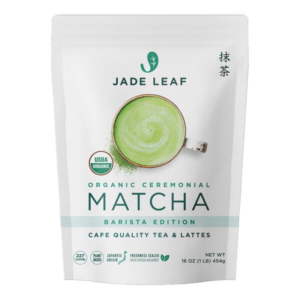A white resealable bag labeled 'Jade Leaf Organic Ceremonial Matcha Barista Edition' with an image of a green matcha latte on the front.