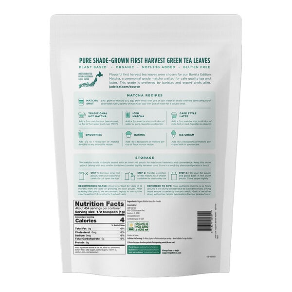 The image shows the back of a white resealable bag with green text, featuring product information, matcha recipes, storage instructions, and a nutrition facts label.