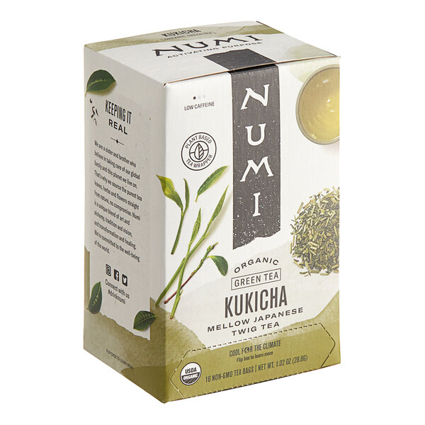 A white box of Numi Organic Kukicha Tea Bags with text and images.