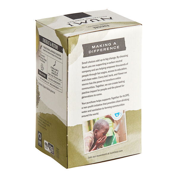 A white box of Numi Organic Kukicha Tea Bags with text and images on it.