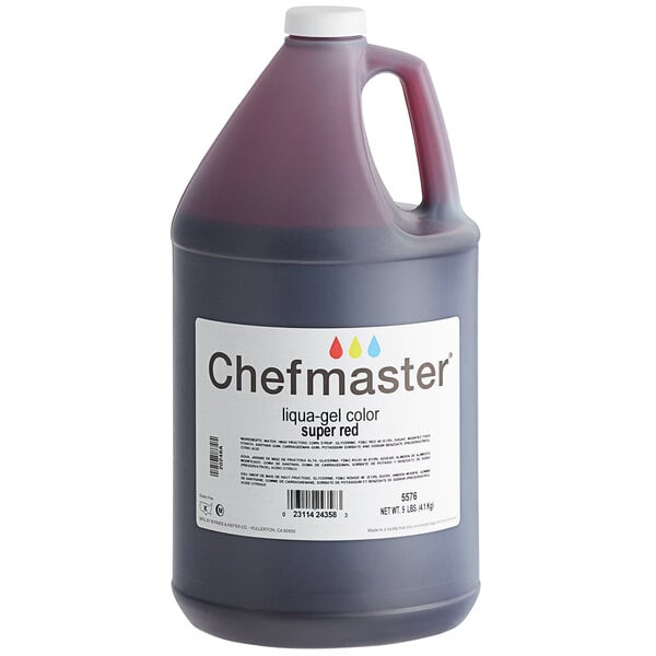 A white jug of Chefmaster Super Red liquid food coloring.