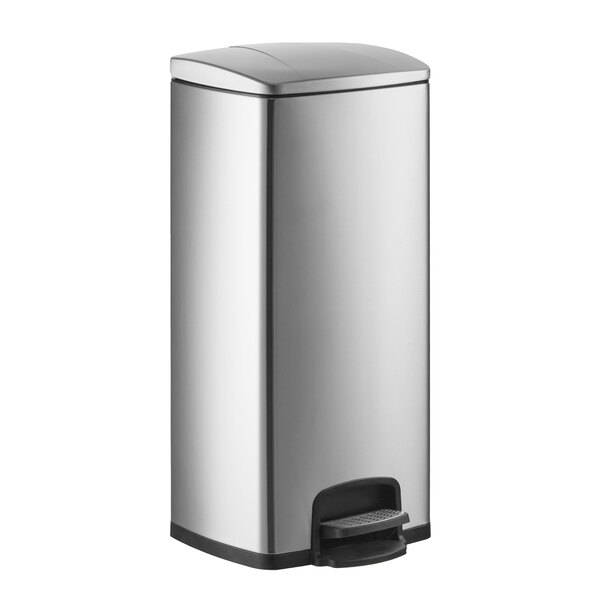 An 8-gallon stainless steel rectangular step-on trash can.
