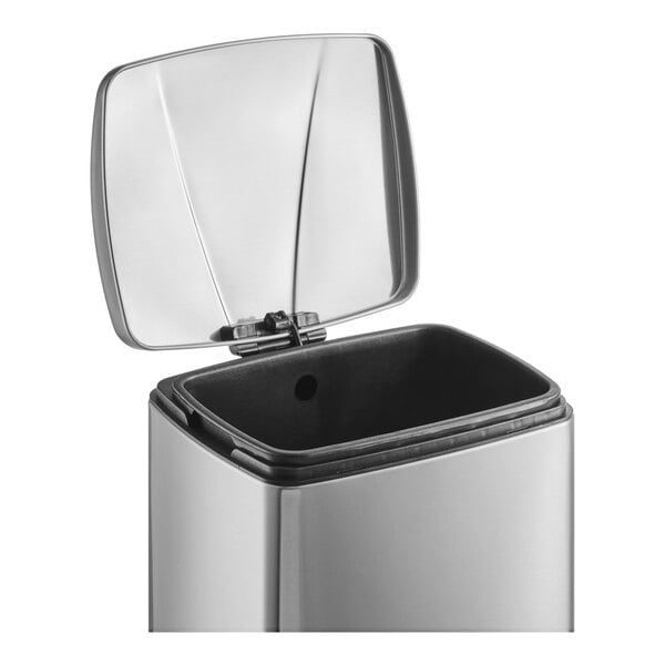 A stainless steel rectangular step-on trash can with an open lid and an 8-gallon capacity.
