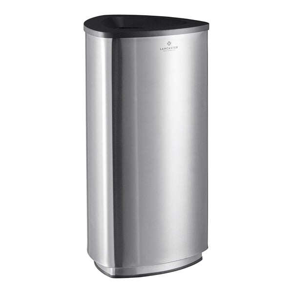 A silver Lancaster Table & Seating stainless steel trash can with a black lid.