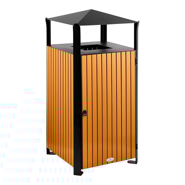 A square outdoor trash can with a covered top, featuring vertical wood composite slats and a black steel frame.
