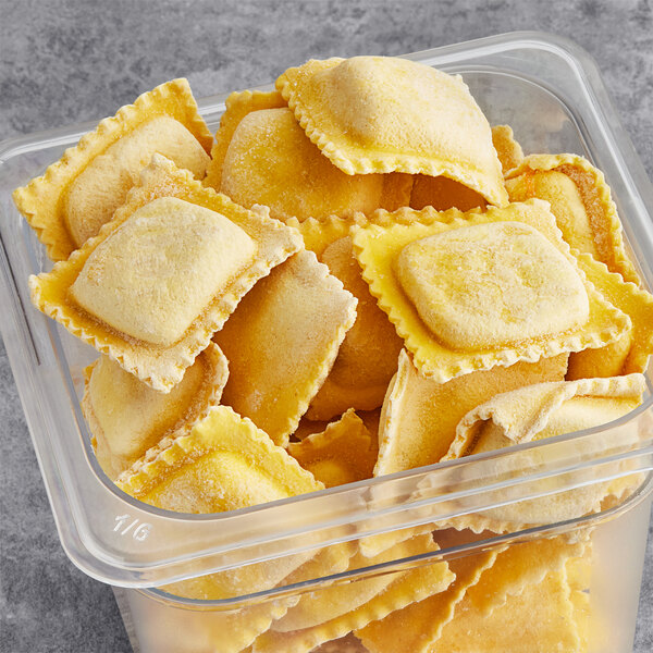 A plastic container of Seviroli butternut squash ravioli.