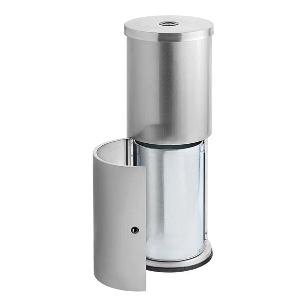 A Lancaster Table & Seating stainless steel round trash can with a lid.