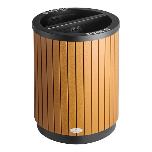 Lancaster Table & Seating 22 Gallon Stainless Steel / Wood Round Outdoor Two-Stream Trash Can / Recycling Bin