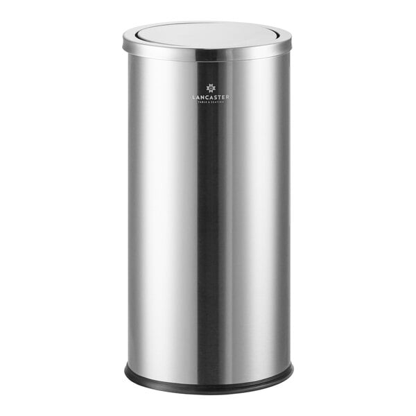 A close-up of a Lancaster Table & Seating stainless steel trash can with a swivel lid.