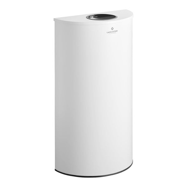 A white powder-coated metal half round decorative trash can with a round lid.