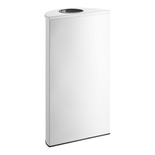 A white rectangular metal half round decorative trash can with a black border.