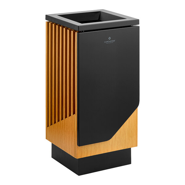 A square decorative outdoor trash can made of steel and wood composite.