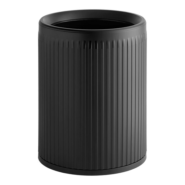 A black, round, 4-gallon decorative polyethylene wastebasket or trash can with a vertical ribbed design.