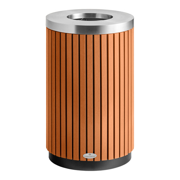 A round outdoor trash can with a wood composite slatted exterior and a steel open lid.