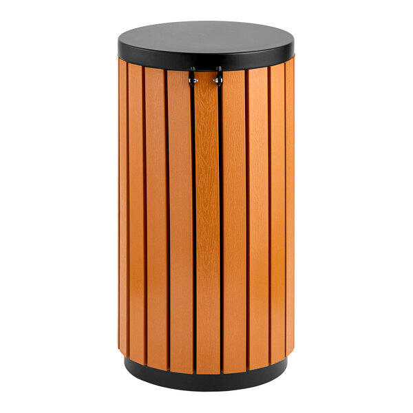 A round outdoor trash can with vertical wood composite slats and a black steel top and base.