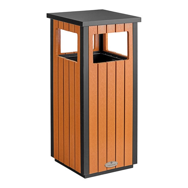 A square outdoor trash can with a covered top, made of steel and wood composite materials.