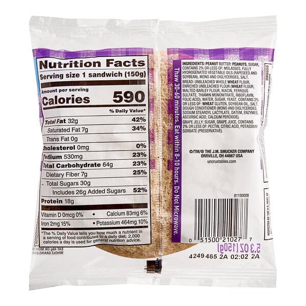 A package of Smucker's Uncrustables Whole Wheat Sandwiches with nutrition facts.