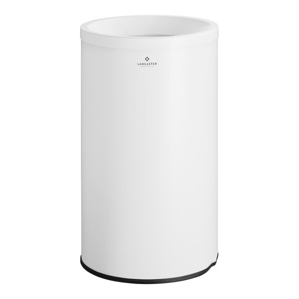 A white metal round decorative trash can with a black lid.