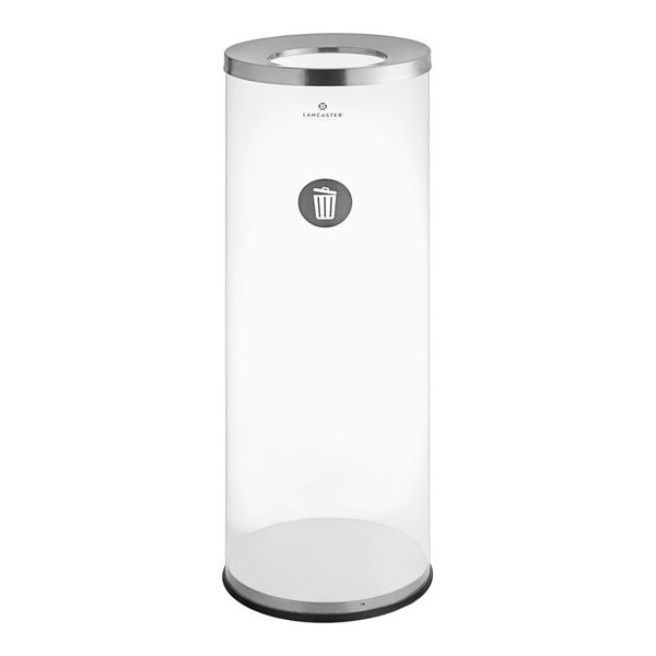 A clear plastic trash can with a stainless steel lid.