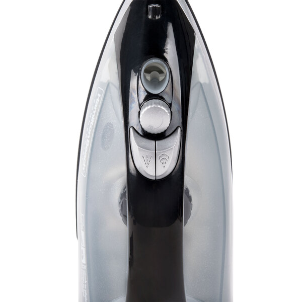 A close-up of a black and silver Hamilton Beach steam iron.