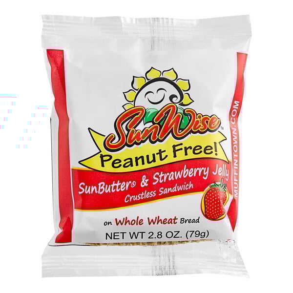 A white bag with the SunWise logo containing an individually wrapped SunButter and strawberry crustless sandwich.