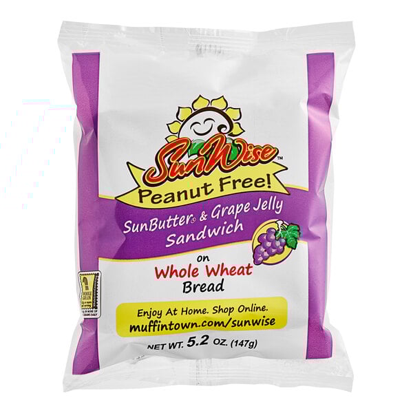 A case of SunWise SunButter and Grape Crustless Sandwiches in packaging.