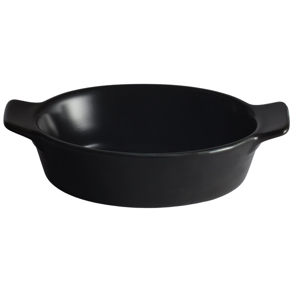 A black round Acopa Keystone porcelain dish with handles.