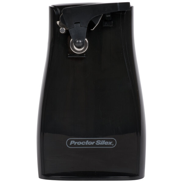 A black Proctor Silex electric can opener with a white background.
