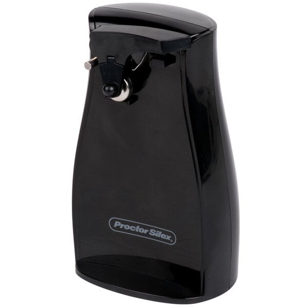 A black Proctor Silex electric can opener with a black knife sharpener on a counter.