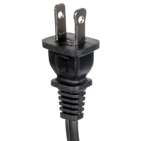 A black electrical plug with two metal plugs on a Proctor Silex electric can opener.