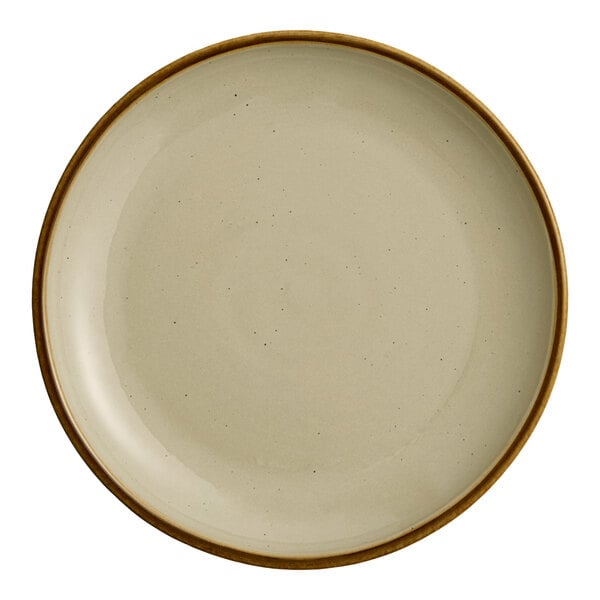 An Acopa Keystone porcelain coupe plate with a granite gray rim.