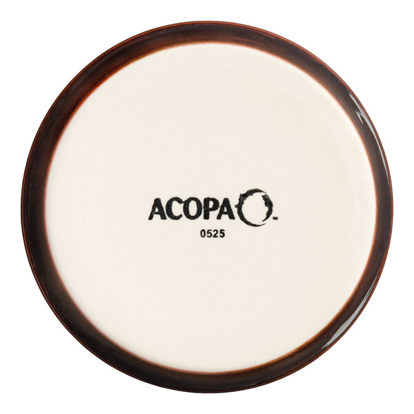 A small round porcelain ramekin with a chestnut brown rim and the Acopa logo on the bottom.