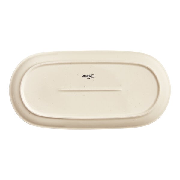 A white oval Acopa porcelain platter with a black text on it.