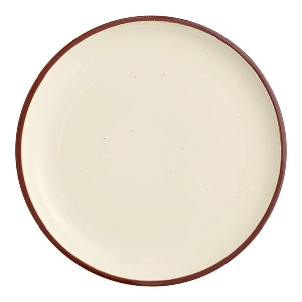 A white porcelain plate with a red rim.