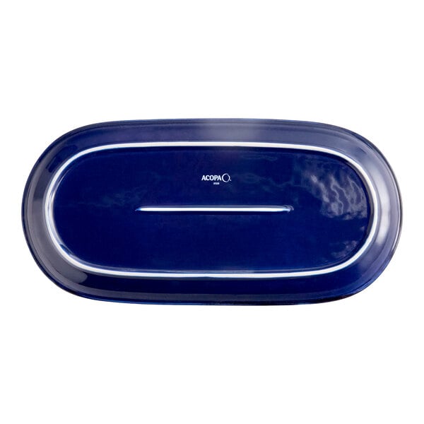 Acopa Keystone 14" x 6 3/4" Azora Blue Porcelain Oblong Coupe Platter - 6/Case