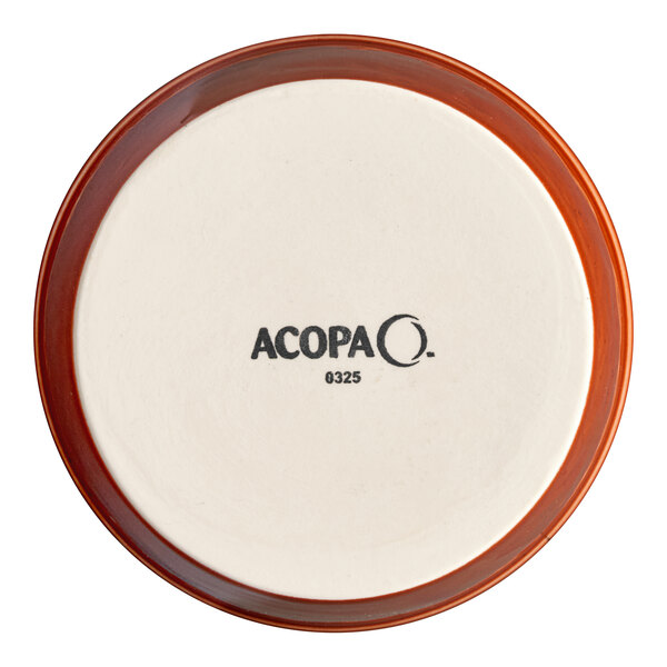 A brown Acopa porcelain ramekin with the word Acopa in white.