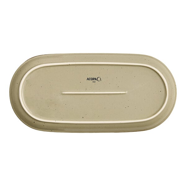An Acopa Keystone granite gray porcelain oblong coupe platter with black specks on a white background.