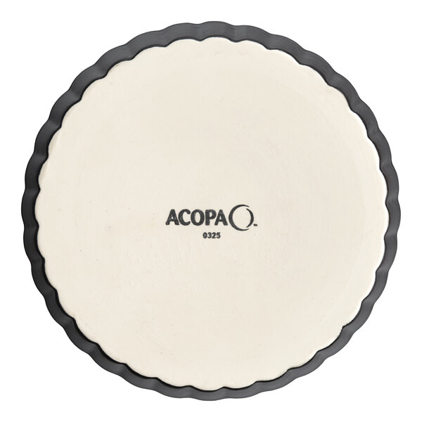 A white Acopa porcelain souffle dish with black trim.