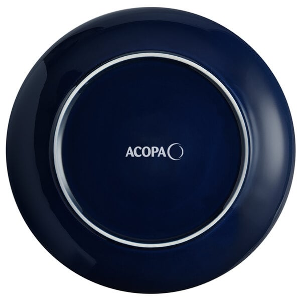 An Acopa Keystone Azora Blue porcelain coupe plate with a white border.