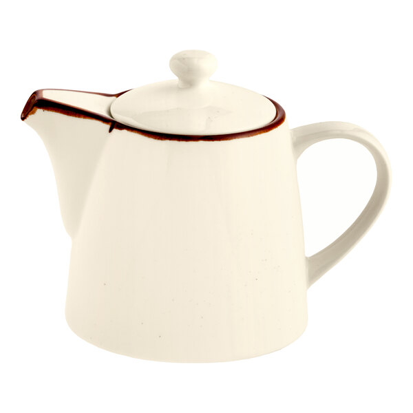A white porcelain teapot with a lid and a brown accent around the rim.