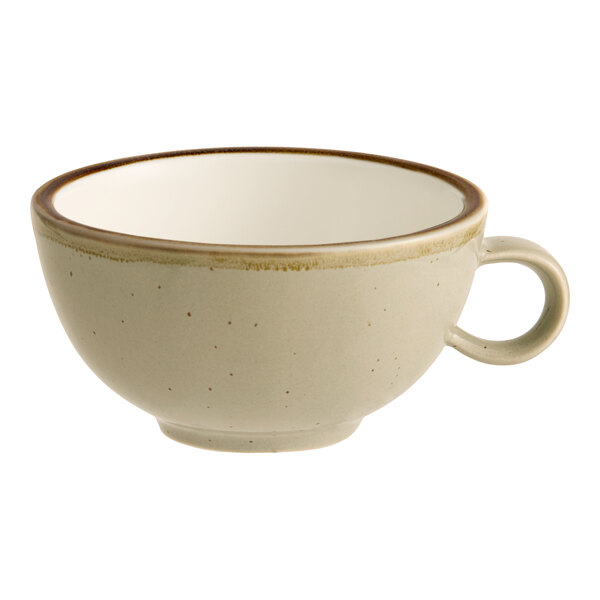 A granite gray porcelain cup with a handle and an 8 oz. capacity.