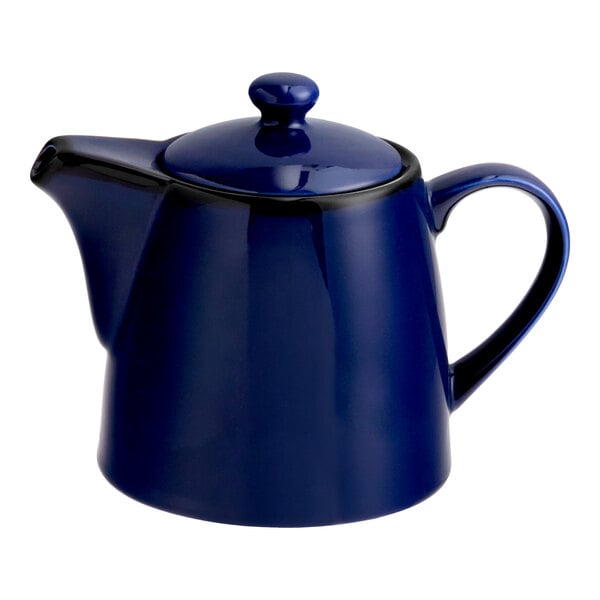 A blue porcelain teapot with a handle and lid.