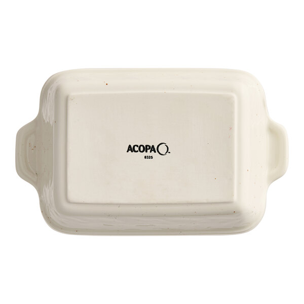 A white rectangular Acopa Keystone casserole dish with black text that reads "Vanilla Bean" and "Acopa"