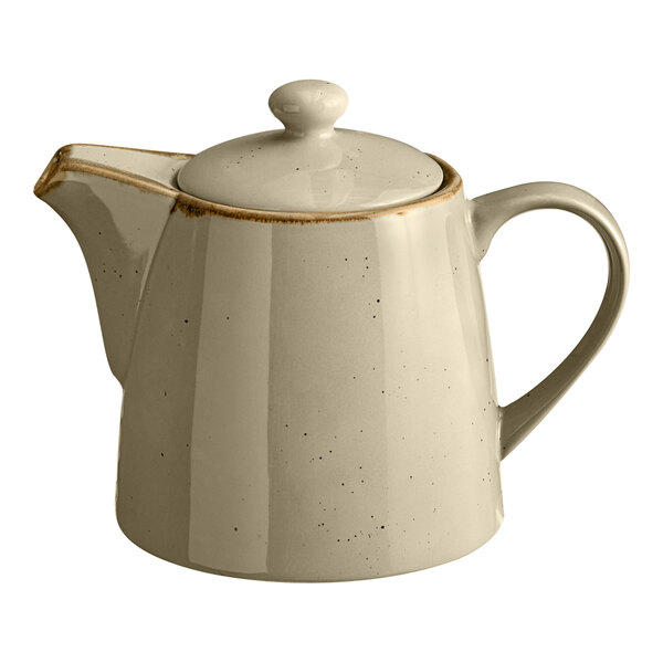 An Acopa Keystone granite gray porcelain teapot with a lid.