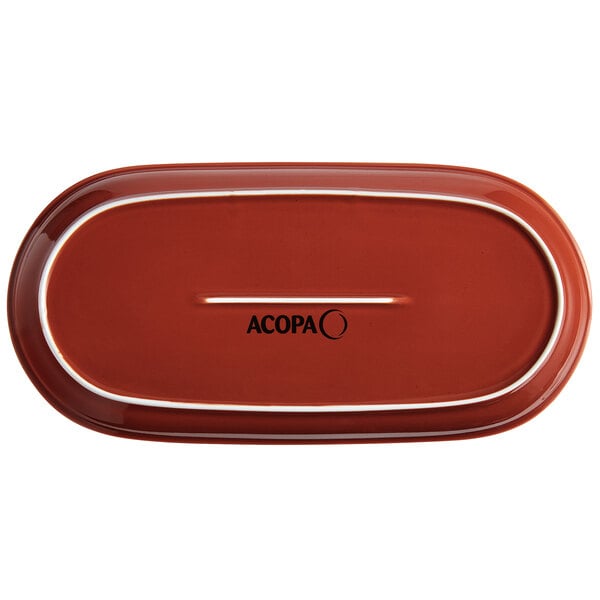 An Acopa Sedona Orange porcelain oblong coupe platter with white lines on it.
