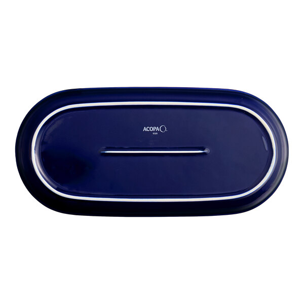 An Acopa Azora Blue porcelain oblong platter with white trim.